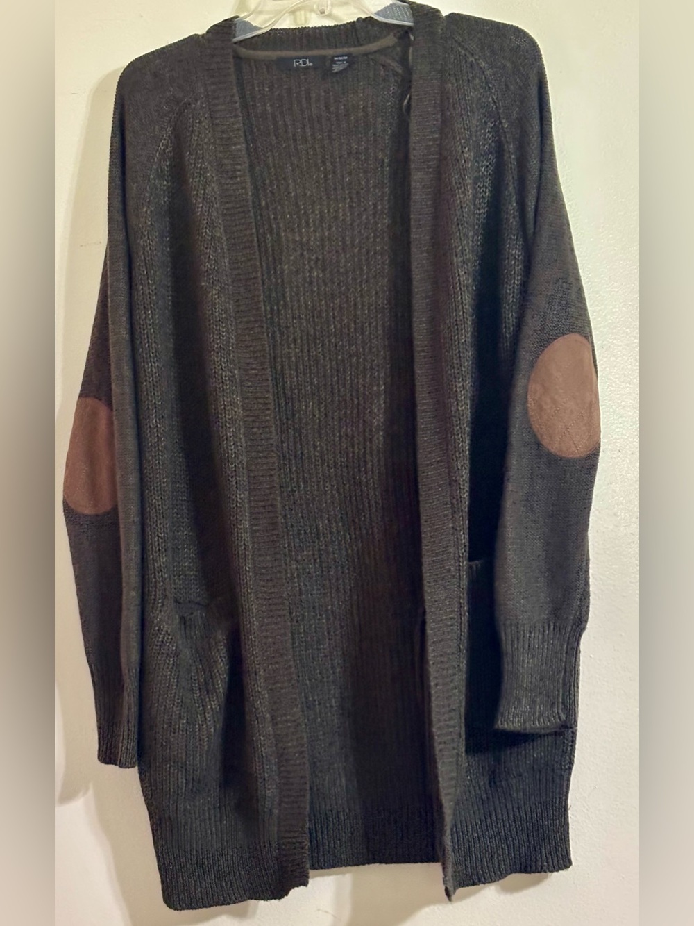 RDI Dark Charcoal Open-Front Cardigan with Brown Elbow Patches